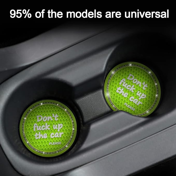 2 Pack Bling Car Coasters for Cup Holder, Crystal Rhinestone 2.75 in Cup Holder Coaster, Silicone Anti-Slip Insert Cup Mats for Women, Interior Accessories Universal for Most Cars (Green)
