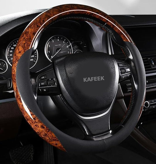 KAFEEK 16 inch Steering Wheel Cover for Ford F150 F250 Ram 4Runner Tacoma | Wood Grain Design with Microfiber Leather, Anti-Slip, Comfortable Grip, Easy to install
