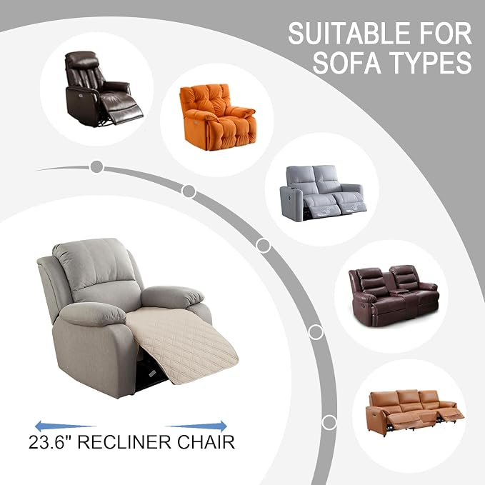 Genina Waterproof Recliner Chair Covers, Recliner Cover for Dog Pets Friendly, Washable Antislip Reclining Chair Cover Furniture Protector, Sofa Slipcover for Living Room(23.6inch/Beige)
