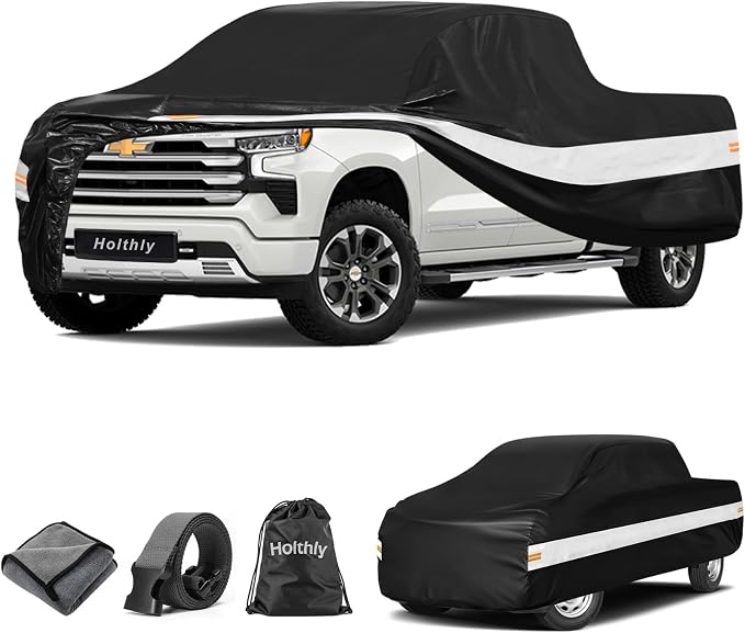 10 Layers Truck Cover Waterproof All Weather Custom Fit Chevrolet Silverado 1500(1998-2026) Extended/Crew Cab Short Bed, Outdoor Full Exterior Pickup Car Cover Sun Rain Snow Protection. Black