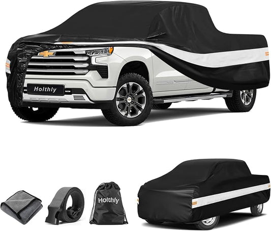 10 Layers Truck Cover Waterproof All Weather Custom Fit Chevrolet Silverado 1500(1998-2026) Extended/Crew Cab Short Bed, Outdoor Full Exterior Pickup Car Cover Sun Rain Snow Protection. Black