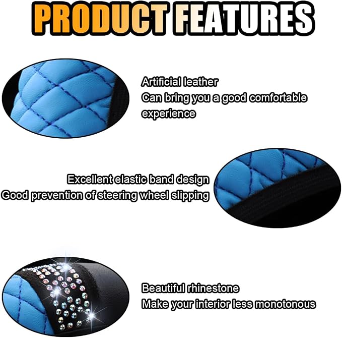 JOYCOURT 15 Inch Bling Soft Leather Car Steering Wheel Cover, Blue | Colorful Rhinestones Design, Auto Elastic Protector for Women Girls, Crystal Diamond Car Accessories for Most Cars, SUVs