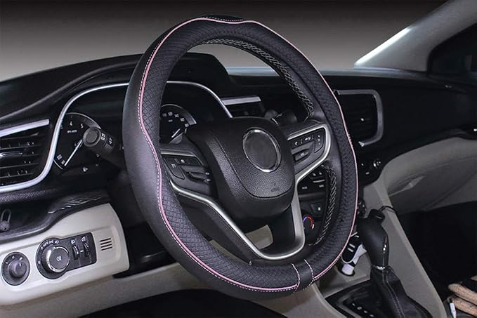Mayco Bell Universal Standard Size Steering Wheel Cover Anti-Slip,Safety,Soft,Breathable,Durable,Full Surround,Comfortable Grip Microfiber Leather (14.5-15 inch,Black Pink)