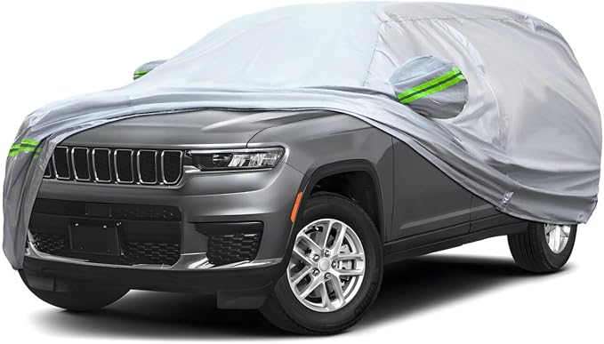 6-Layer Full Car Cover is All-Weather Waterproof, Universal in All Seasons, Snow Prevention, Rainproof, Acid Rainproof, Sunscreen, Ultraviolet-Proof, Fit SUV 214"-236" Green Reflective Strip