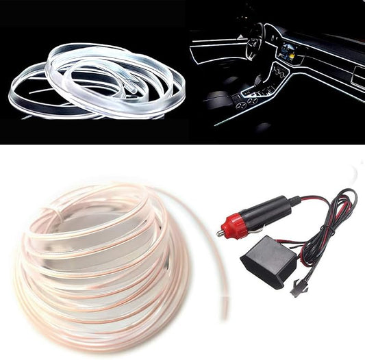 MaxLax El Wire White Interior Car LED Strip Lights, 10m neon Wire 12V with Fuse Protection for Automotive Car Interior Decoration with 6mm Sewing Edge