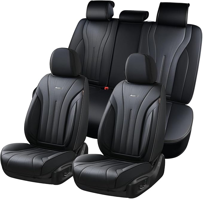 Coverado Car Seat Covers Full Set, Black Leather Seat Cover for Cars, Luxury Waterproof Seat Cover, Front and Back Car Seat Protector Car Seat Cushion Universal Fit for Most Cars