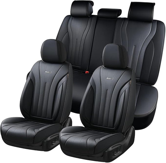 Coverado Car Seat Covers Full Set, Black Leather Seat Cover for Cars, Luxury Waterproof Seat Cover, Front and Back Car Seat Protector Car Seat Cushion Universal Fit for Most Cars