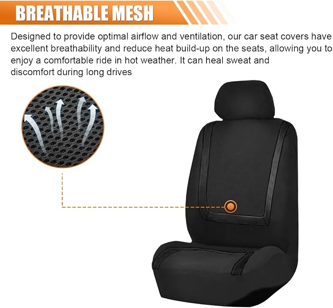 Car Seat Covers, Breathable Comfortable Automotive Seat Protectors, Anti-Slip 2 Front Seats Covers Airbags Compatible, Universal Washable Vehicle Accessories for Car, Truck, SUV (Black)