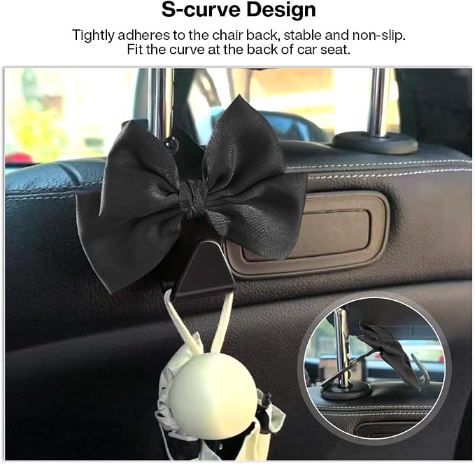 2-Pack Car Seat Headrest Hooks, Handbag Hangers, Black silk | Storage organizer for handbags, clothes, coats and grocery bags; practical interior accessory for most cars and SUVs