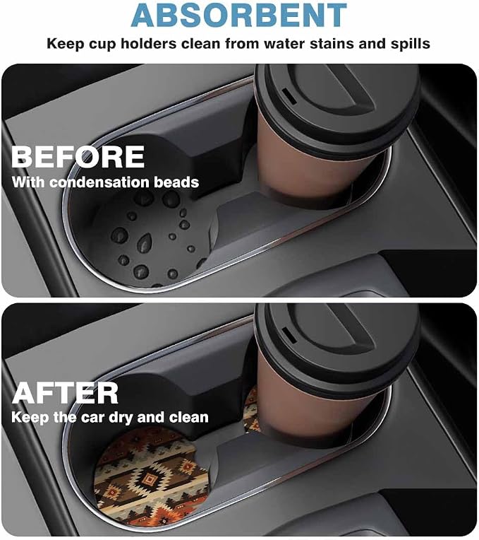 Geometric Pattern Car Coasters for Cup Holders American Style Aztec Car Cup Holder Coasters 2 Pack for Car, Anti Slip Ceramic Car Cup Mat with Finger Notch Cute Car Interior Accessories for Women Men