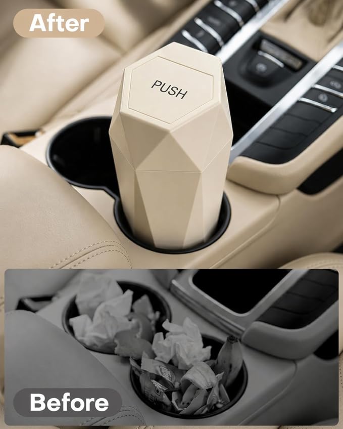 HOTOR Car Trash Can with Lid - 2 Pack, Car Accessories for Interior, Leakproof Vehicle Garbage Can with 30 Attached Trash Bags, Multipurpose Organizers and Storage for Home, Office, Beige