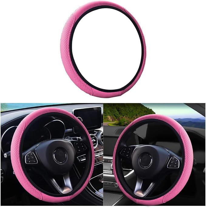 Leather Car Steering Wheel Cover, Anti-Slip Breathable Microfiber Leather Steering Wheel Protector for Women Men, Universal 15'' Elastic Soft Odorless, Car Accessories for Car, Truck, SUV (Pink)