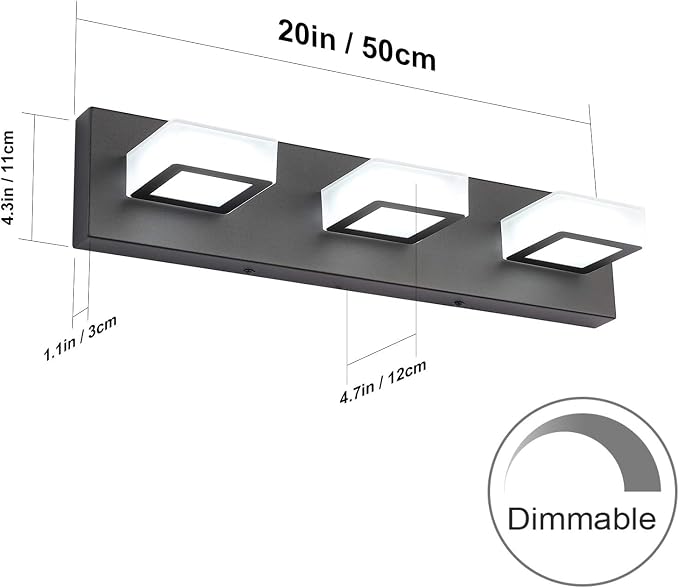 Ralbay 3 Light Dimmable Bathroom Vanity Light LED Modern Matte Black Vanity Wall Light Acrylic Stainless Steel Bathroom Vanity Lighting Fixtures