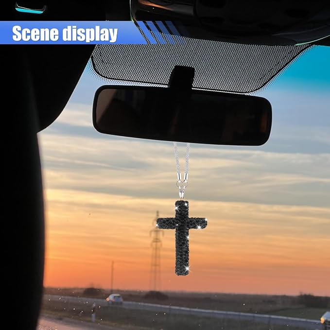 ZIMISI Bling Cross Car Hanging Ornament, Crystal Rhinestone Car Rearview Mirror Pendant for Women, Diamond Rear View Mirror Charm Present, Universal Vehicle Interior Decoration Accessory (Black)
