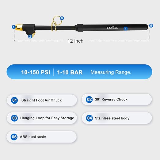 UHARBOUR Dual Head Tire Pressure Gauge 10-150PSI 2 Pack | Heavy Duty Air Pressure Gauge with Extended Tube for Semi Truck, RV & Car