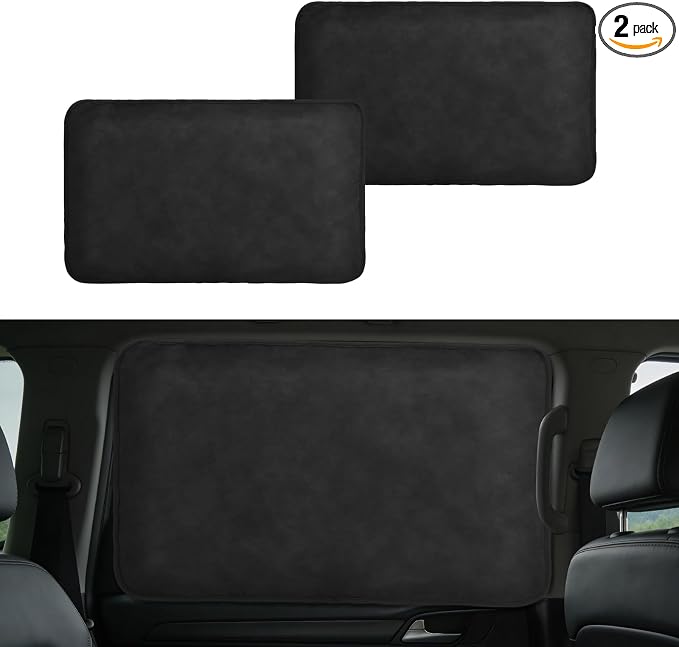 XCBYT Suede Rear Car Window Shades 2 Pack, 100% Blackout Privacy | 100% blackout keeps the backseat cool for baby naps & nursing. Premium soft suede. Fits iron frames only (30.3x18.9")