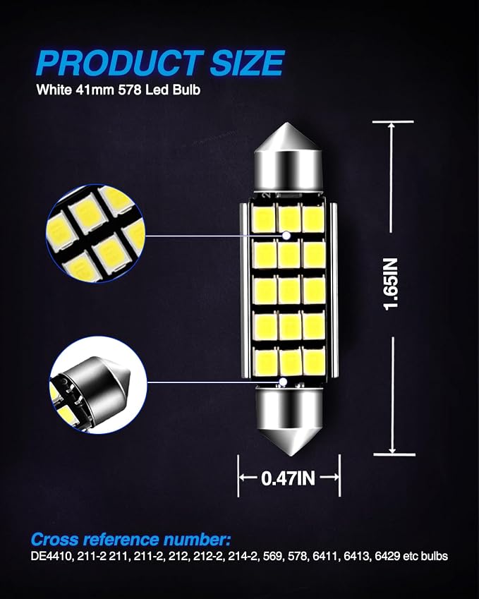 Marsauto 578 LED Bulbs Extremely Bright 400LM 2835 Chipsets for LED Interior Dome Map Door Lights Bulbs 211-2 212-2 569 6411 6451 41mm 42mm 1.65inch 6500K White RV Interior Lighting (Pack of 4)