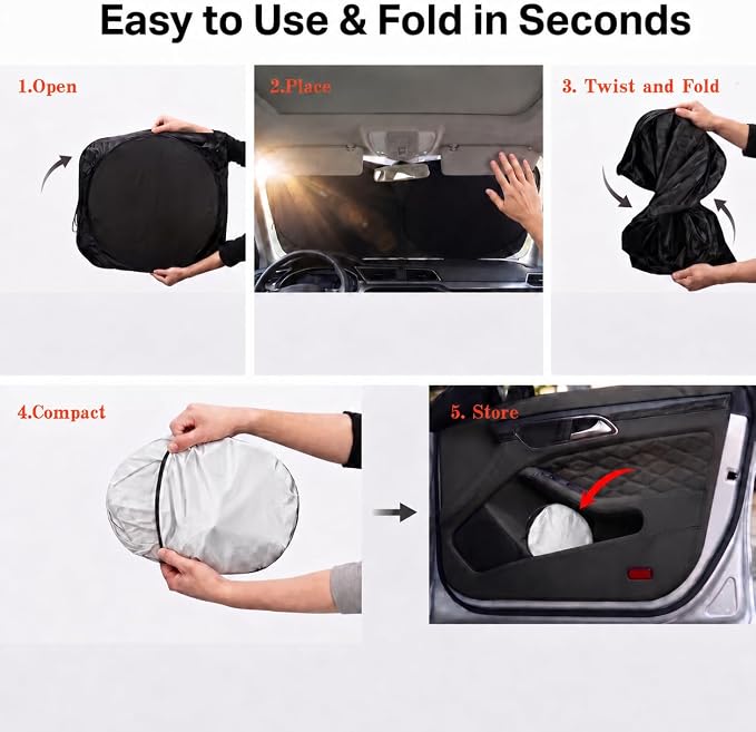 Car Windshield Sun Shade, Universal Fit Compact Sedan SUV, Cool Gray | 59 x 27.5" Car Sun Visor, Foldable Front Window Sunshade, UV Heat Protection, Cute Eyes Series