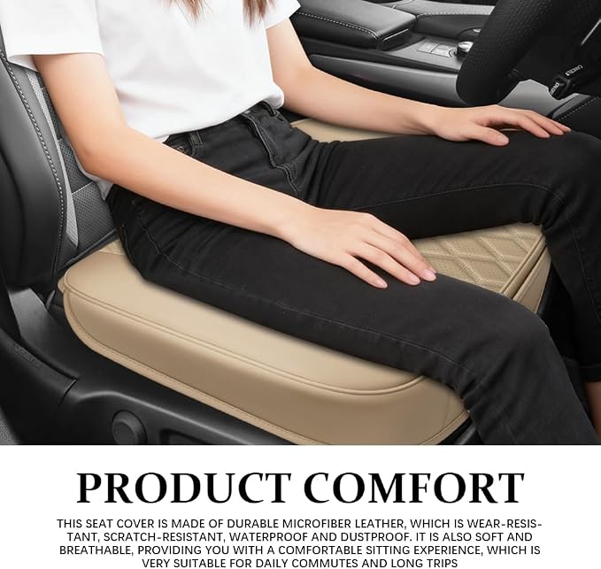 Leather Front Car Seat Cover, Anti-Slip Car Seat Bottom Covers, Full Wrapped Bottom Seat Protectors with Storage Pocket, Universal Comfortable Seat Cushion Fit Vehicles SUVs Trucks (Beige)