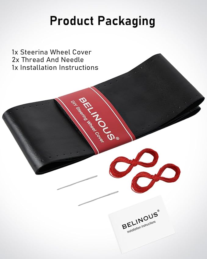 BELINOUS Leather Steering Wheel Cover Lace Up, Stitch on Steering Wheel Wrap, Universal Fit 13-20 Inch Car Truck Pickup Boat, A Whole Piece of Cowhide, DIY w/Needle Thread (Size L1, Black & Red)