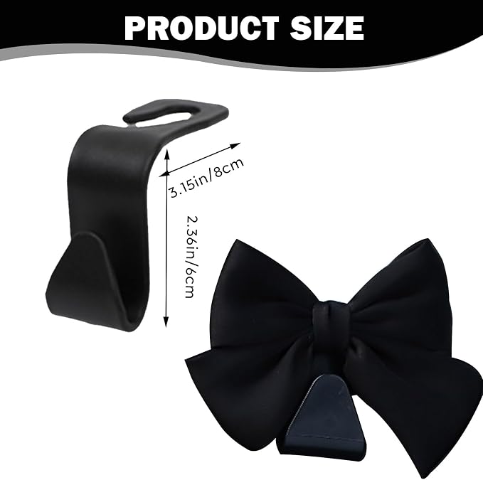 2PCS Car Seat Headrest Hooks, Cute Bow Vehicle Rear Seat Bracket Hook for Purses and Bags, Automotive Purse Hook Hanger, Universal for SUV, Sedan, Truck (Black)