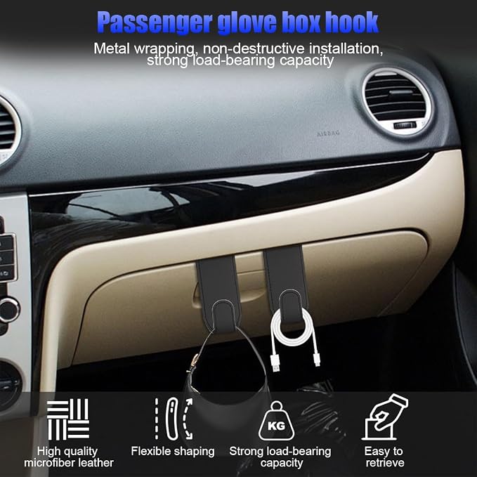 Bittwee 4PCS Car Glove Box Hooks Passenger Storage Hangers Black | Microfiber leather, snap-in install, hangs bags umbrellas, fits most cars SUVs and trucks, car interior accessories