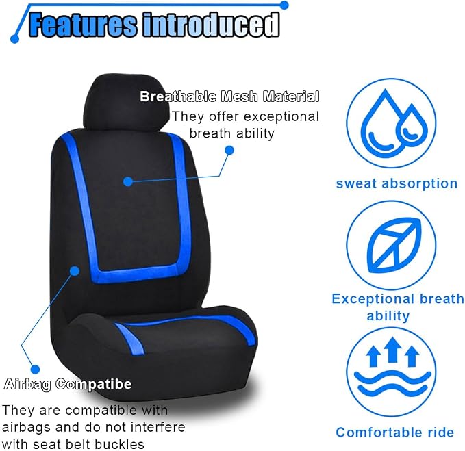 LAINLOY 2 Pack Car Seat Covers, Breathable Seat Protectors, Anti-Slip Driver Seat Cover, Comfortable Front Seat Cover Set Universal Fit for Truck, SUV, Sedan, Airbag Compatible (Black&Blue)