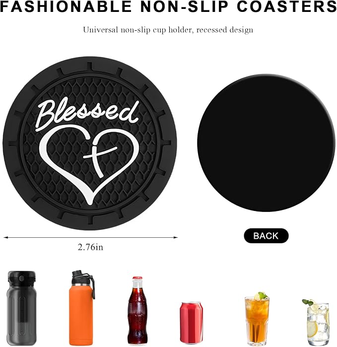 2 PCS Car Cup Holder Coaster, 2.76 Inch Soft PVC Non-Slip Blessed Cross and Heart Christian Car Cup Coasters, Auto Interior Shockproof Insert Drink Mat for Most Vehicles (Black)