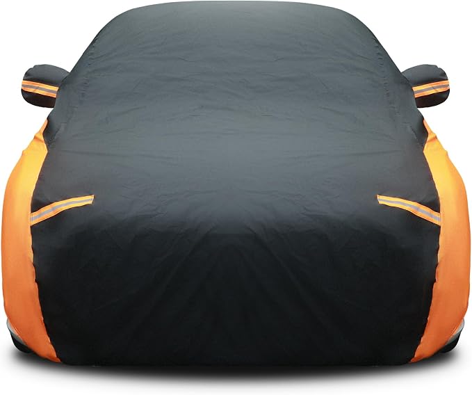 Riakrum Full Car Cover Waterproof All Weather for Automobiles Windproof Cover Rain UV Protection Sun Scratch Resistant Outdoor Universal(Fit Sedan Length (185-193'') 70'' H,Black, Orange)