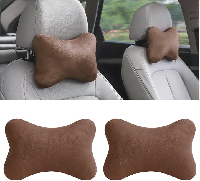 2PCS Car Neck Pillow, Soft Comfortable Vehicle Seat Neck Support Pillow Cushion for Relief Driving Fatigue, Breathable Auto Interior Headrest Neck Rest Pad, Universal for Vehicles (Coffee)