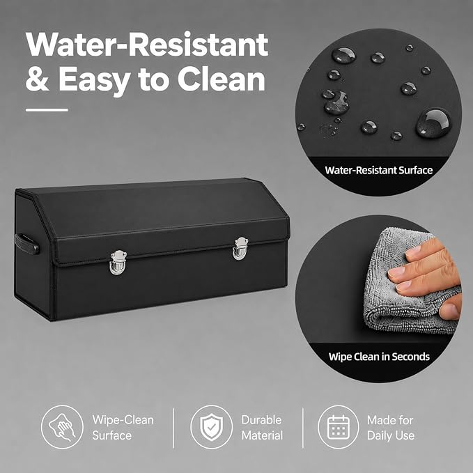 Car Trunk Organizer with Lid, Foldable Faux Leather Storage Box | Foldable design, faux leather exterior, 3 compartments