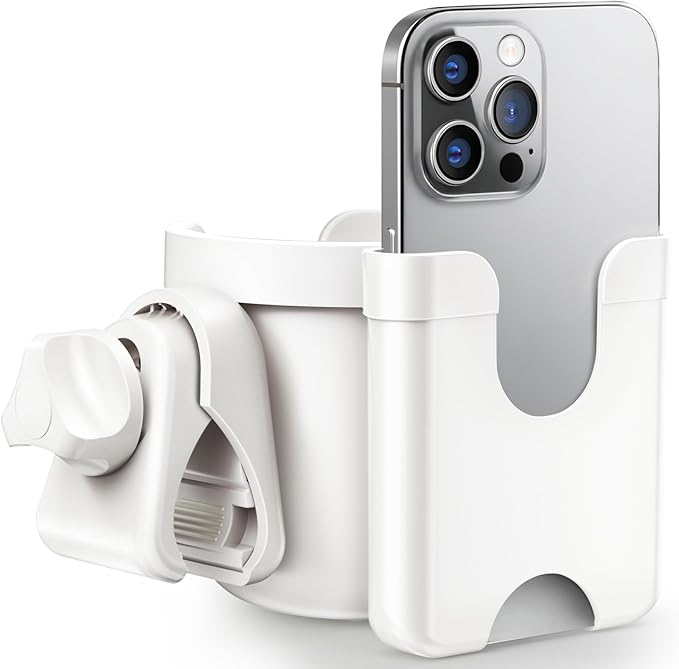 Guiseapue 2-in-1 Stroller Cup Holder Phone Holder, White, Baby Essentials | Universal Accessories for Stroller/Wheelchair/Walker/Golf Cart/Bike/Scooter. Fit Uppababy Nuna Doona, Baby Shower Gifts