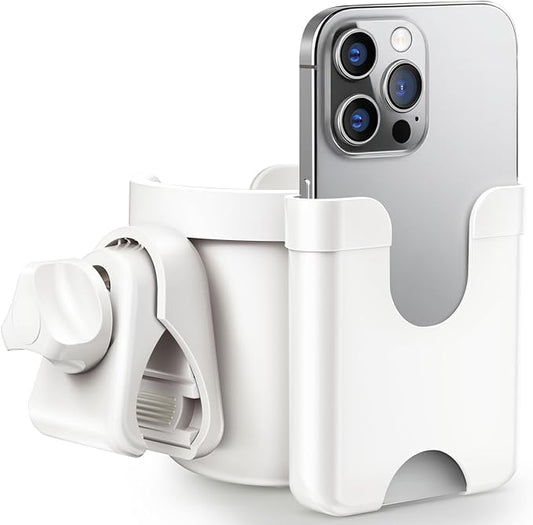 Guiseapue 2-in-1 Stroller Cup Holder Phone Holder, White, Baby Essentials | Universal Accessories for Stroller/Wheelchair/Walker/Golf Cart/Bike/Scooter. Fit Uppababy Nuna Doona, Baby Shower Gifts