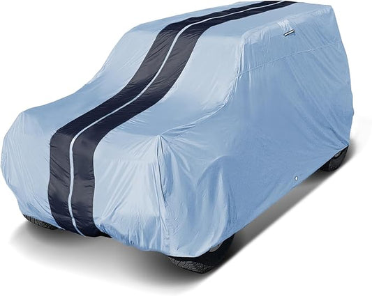 iCarCover Premium Heavy Duty SUV Car Cover - Waterproof All Weather Rain Snow UV Protection, Venue, Soul, XB, Defender 90, Tracker 4-Door, Samurai, Size S59 (See Size Chart), Stripe - Gray/Black