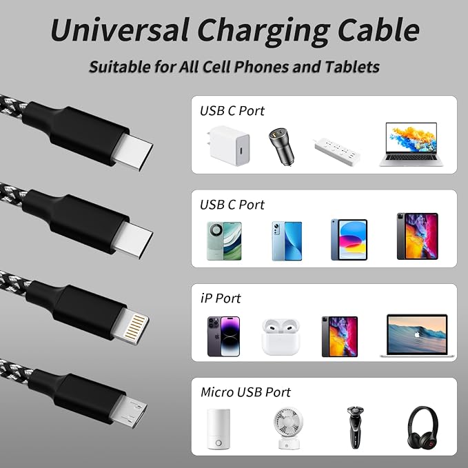 USB C Multi Charging Cable [2Pack 4FT], 3 in 1 Charging Cable Nylon Braided Multiple Charger Cord, Travel Charger with Type-C, Micro USB and IP Port for iPhone 17/16/15 Series/Cell Phones and More