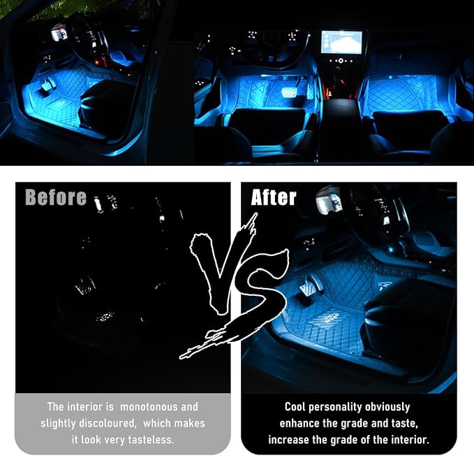 Wevdn Car Interior LED Strip Light, 12V 24 LED Waterproof Neon Ambient Night Light with USB Port, Automotive Atmosphere Decorative Under Dash Lighting Kit, Car Accessories (Ice Blue)