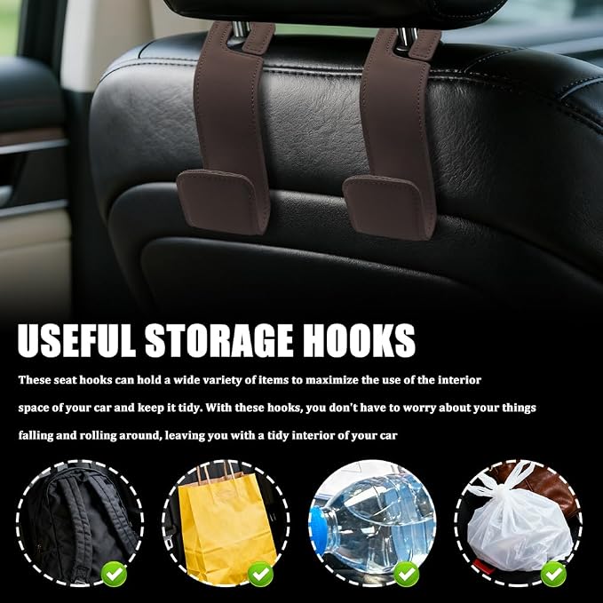 2PCS Car Seat Headrest Hooks, Purse Hook for Car, Automotive Headrest Handbags Holder, Auto Accessories Leather Seatback Organizer Hanger for Hanging Purses Bags Coats (Brown, 2PCS)