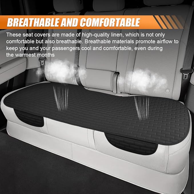 Car Rear Seat Cover, Breathable Linen Auto Seats Cushion (Black) | Anti-Slip Vehicle Seat Pad with Storage Pocket, Universal Automotive Seats Protection Mat for Car, SUV, Truck