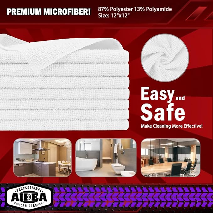AIDEA Microfiber Cleaning Cloth White 20PK, Microfiber Towels for Cars, Premium Car Cloths, Dusting Cloth Lint Free Cleaning Rags for SUVs, House, Kitchen, Window, Workshops,12×12"