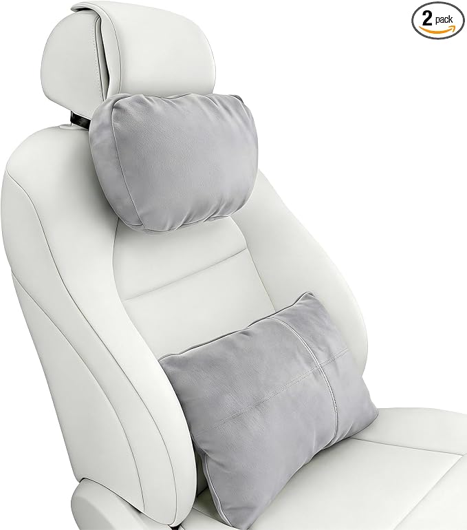 2PCS Car Pillow for Car Neck Pillow for Driving Seat Neck Support Soft Cushion Back Support Head-Rests for Vehicle Sleeping with Elastic Adjustment Strap (Grey, Head and Lumbar)