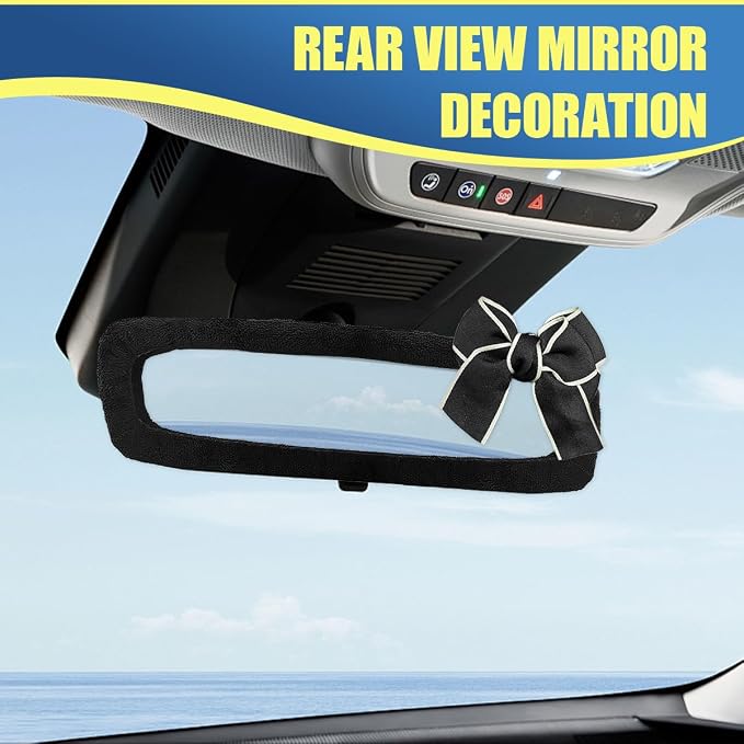 Bow Car Rearview Mirror Cover, Plush Auto Rear View Mirror Elastic Dustproof Protector, Universal Vehicle Interior Mirrors Edge Decoration Accessory for Cars, SUVs, Trucks (Black)