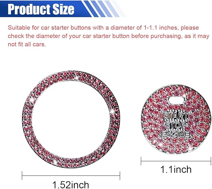 Bling Crystal Car Engine Start Ring Sticker, Sparkling Rhinestone Push Start Button Decorative Cover, Anti-Scratch Key Ignition & Knob Bling Ring Car Interior Accessories for Women (Pink)