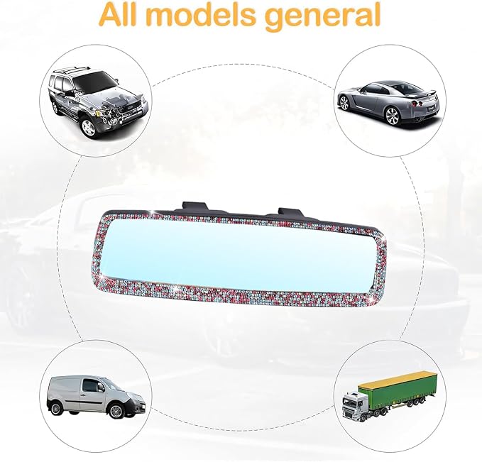 Osilly Bling Car Rearview Mirror, Decorations Rear View Mirror with Crystal Rhinestones & Diamonds, Car Interior Trim Accessories, Clip-on & HD Glass, Sparkly Gift (AB Color+Pink)