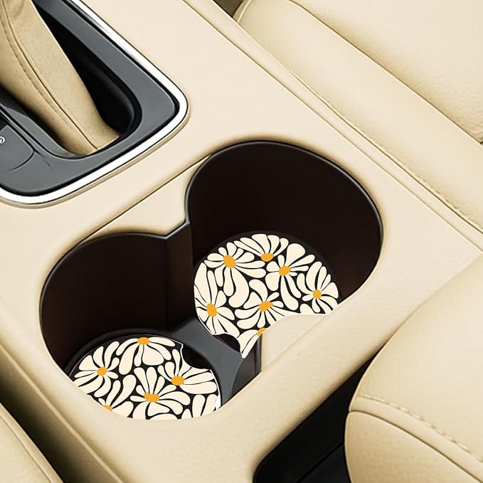 Ceramic Car Coasters – Absorbent Car Cup Holder Coaster Set for Women, Cute Aesthetic Car Accessories for Girls, 2 Pack (Raven)