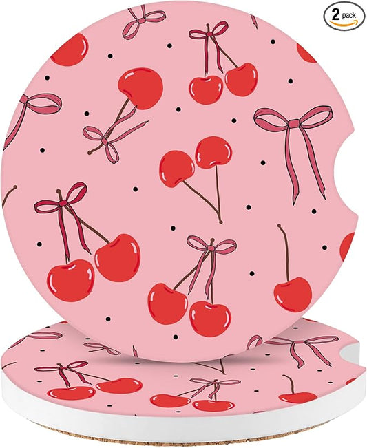Cute Cherry Car Coasters,Absorbent 2 Pack for Cup Holders with Finger Notch,2.56 inches Ceramics Heat Resistant Anti Slip Cork Base Car Drinks Coasters Auto Cup Holder
