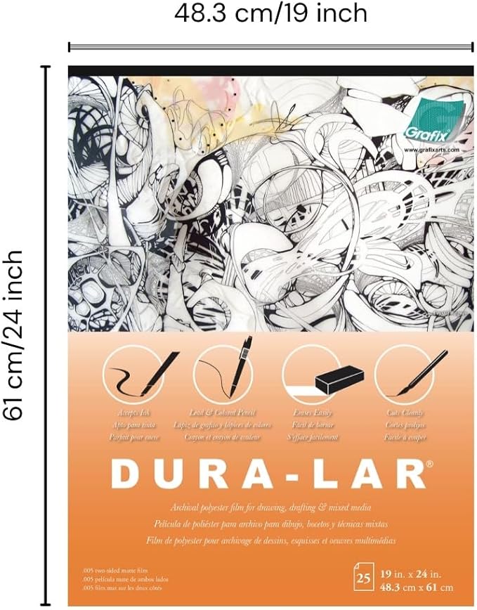 Grafix Dura-Lar 0.005" Film, Matte, Translucent 19"x24", Economical Alternative to Drafting Film, Mylar and Acetate, Translucent Drawing Surface for Lead, Ink, Charcoal and Paint, Pad of 25 Sheets