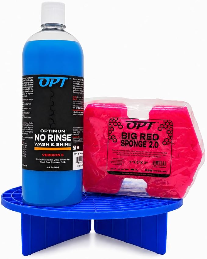 Optimum No Rinse Version 6 (32 Oz), Grit Guard Bucket Insert (Blue), and Big Red Sponge 2.0 (BRS) Car Cleaning Kit, ONR Rinseless Car Wash, Dirt Lock, and Professional Wash Sponge for Auto Detailing