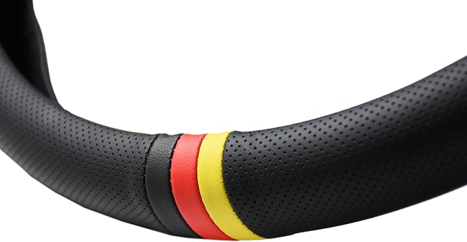 Quick Install Sporty Perforated Nappa Leather Steering Wheel Cover with German Stripes for Porsche Mercedes Audi BMW VW Deutsch-Ness 14.5 to 15 inches SW