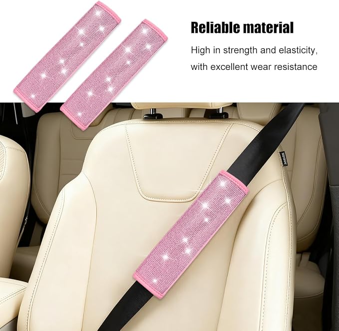 8PCS Bling Car Accessories Set, Sparkly Rhinestone Vehicle Steering Wheel Seat Belt Gear Shift Start Stop Button Cover, Diamond Auto Cup Holder Coaster Decoration, Universal Fit (All Pink)