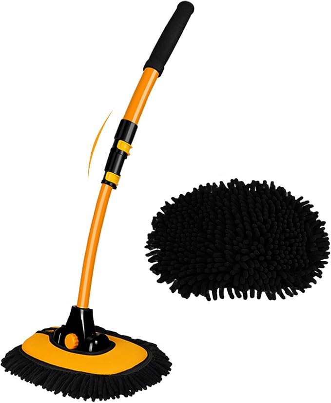 15° Curved Car Cleaning Brush with Telescopic Handle 43" Aluminum Alloy Long Rod Wash Mop For Washing Caravan Van Truck Boat RV Roof Soft Chenille Head Duster Clean Product Not Hurt Paint Scratch Free